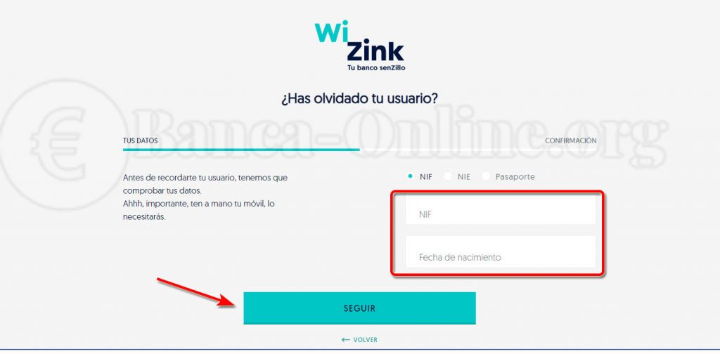 recuperar usuario wizink